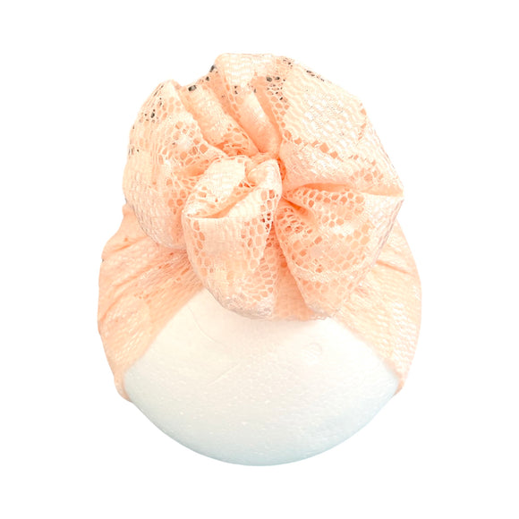 Pink Stretchy Lace Rosette Baby Girl Fashion Turban Hat- Size 6-18 Months