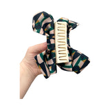 Geometric print silky satin bow claw clip