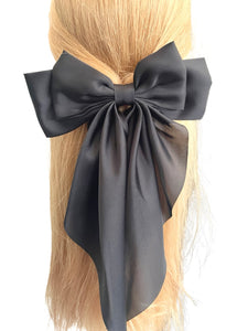 Black oversized long tail satin hair bow 