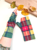 Cosy green and yellow tartan fingerless gloves