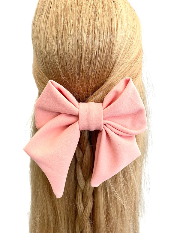 Oversized salmon pink fabric hair bow barrette clip 