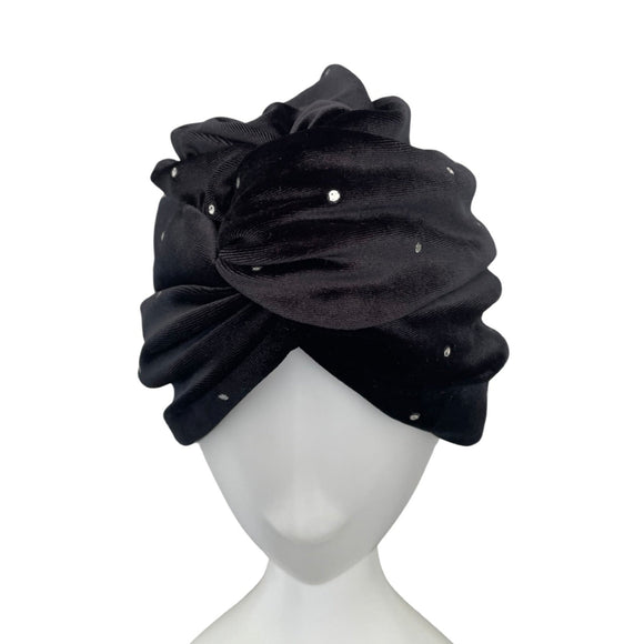 Silver Studded Black Velvet Twisted Turban Hat