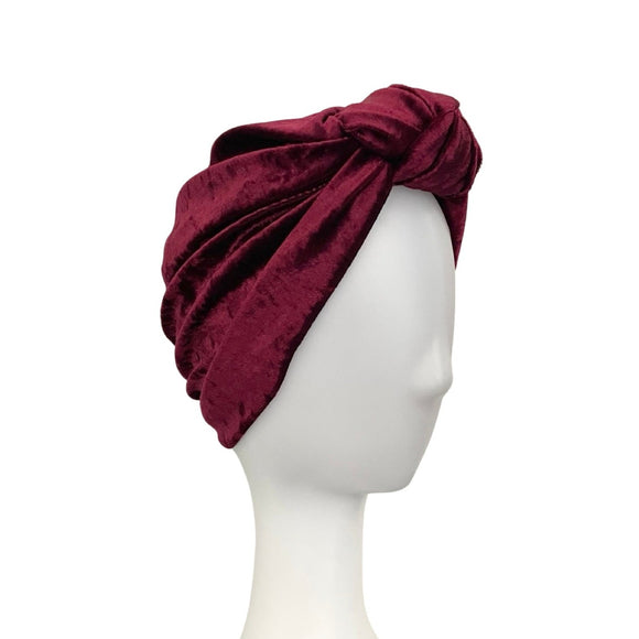 Wine Red Front Knot Crushed Velvet Hair Turban Hat 