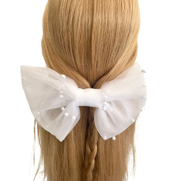 White Pearl Tulle Bridal Wedding Hair Bow Clip