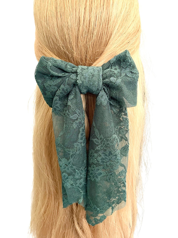 Aesthetic green lace long tail hair bow clip