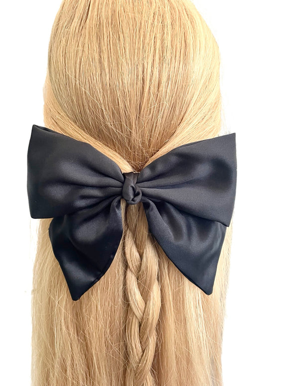 Black silky satin hair bow barrette clip