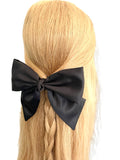 Black silky satin hair bow barrette clip