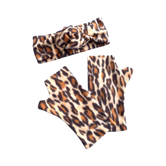 Leopard fingerless gloves and ear warmer set for women