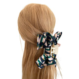 Geometric print silky satin bow claw clip