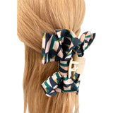 Geometric print silky satin bow claw clip