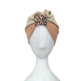 Cute Beige Alopecia Turban Hat with Leopard Front Knot