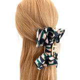 Geometric print silky satin bow claw clip