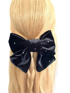 Black studded velvet hair bow barrette clip