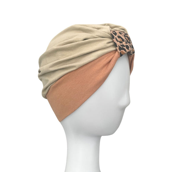 Cute Beige Alopecia Turban Hat with Leopard Front Knot