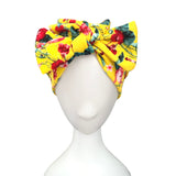 Yellow Floral Pre Tied Crepe Bow Turban 