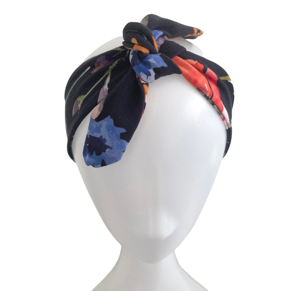 Black stretchy floral jersey knot up head scarf headband