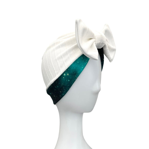 White and Green Head Wrap Hat with Bow