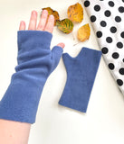 Fingerless denim blue fleece gloves for women