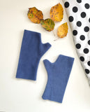 Fingerless denim blue fleece gloves for women