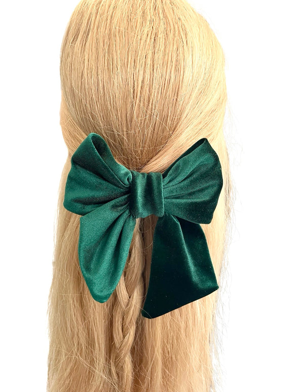 Dark green velvet hair bow barrette clip