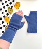 Fingerless denim blue fleece gloves for women