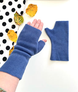 Fingerless denim blue fleece gloves for women
