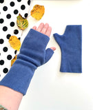 Fingerless denim blue fleece gloves for women