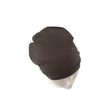 Dark gray beanie on a mannequin head against a white background