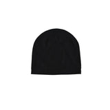 A plain black knit beanie hat shown flat against a solid white background.