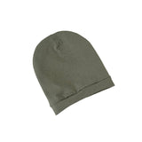 Green knit beanie on a white background