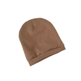 Brown knit beanie on a white background