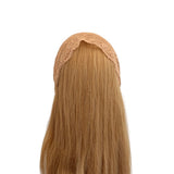 Mannequin head with long blonde hair and a beige lace headband on a white background