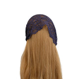 Navy lace headband on a mannequin head with blonde hair against a white background
