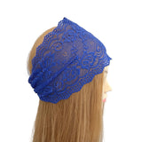 Blue lace headband on a mannequin head with long blonde hair against a white background