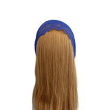 Blue lace headband on a mannequin head with long brown hair against a white background