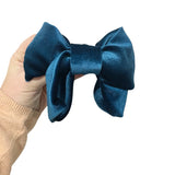 Petrol blue oversized short tail velvet bow
