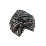 A metallic dark gray scrunchie with a shiny, reflective finish, photographed on a solid white background.