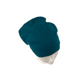 Teal beanie on a mannequin head against a white background