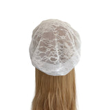 White lace head cover on a mannequin head with blonde hair against a white background
