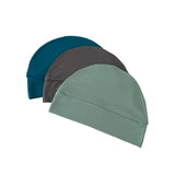 Three beanies in teal, gray, and green on a white background