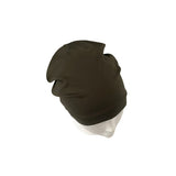 Dark green beanie on a mannequin head against a white background