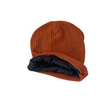 Brown knit beanie with black interior on a white background