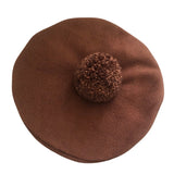 Retro Style Brown Fleece Beret with Wool Pompom for Women 