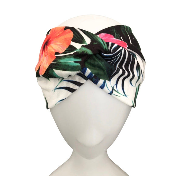 White Green Tropical Print Floral Twist Headband