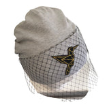 Grey Cuffed Embellished Beanie Hat with Veil for Women 