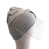 Grey Cuffed Embellished Beanie Hat with Veil for Women 