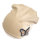 Beige Stretchy Spring Beanie Hat with Butterfly