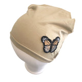 Beige Stretchy Spring Beanie Hat with Butterfly