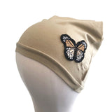 Beige Stretchy Spring Beanie Hat with Butterfly
