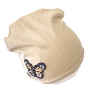 Beige Stretchy Spring Beanie Hat with Butterfly